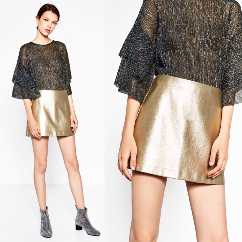 NWT Zara Gold Faux Leather Skirt Size XS